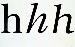 A drawing comparing Carter's National Geographic Caption (1979) to the magazine's previously used Roman and Italic typefaces. The overall weight and proportions are about the same, but the new design slants less than Italic and is as wide as Roman.