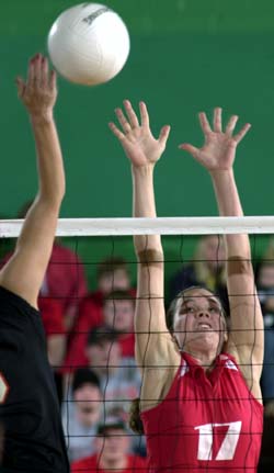 Senior Cindy McPeak goes for a block in a match earlier this season. McPeak has 300 kills and 101 blocks this year for the Bears, who play in the NCAA Division III Final Four starting today in La Verne, Calif.