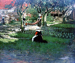 William Merritt Chase (American 1849-1916), *Courtyard of a Dutch Orphan Asylum* c. 1884, Oil on canvas on board