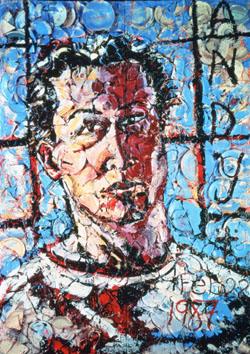 *Self-Portrait in Andy's Shadow*
Julian Schnabel, 1987.
Oil, plates and Bondo on two wood panels