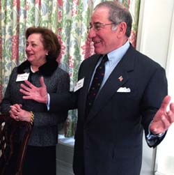 Marilyn and Sam Fox address well-wishers gathered Feb. 16 at Harbison House for the ceremony presenting the couple with the 2004 Jane and Whitney Harris Saint Louis Community Service Award. The award recognizes a St. Louis husband-and-wife duo which is dedicated to improving the St. Louis region.