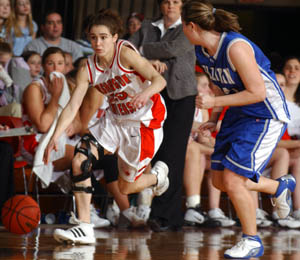 WUSTL senior guard Lesley Hawley charges up the court during the Bears' 72-59 NCAA Tournament win over Millikin University.