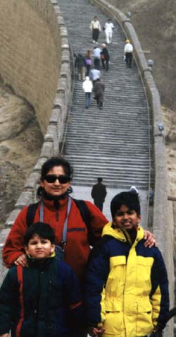 Pratim Biswas' wife, Sujata, and sons, Vikram (left) and Vivek, at the Great Wall of China.