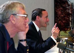 Attending the Project 21 planning retreat were Chancellor Emeritus William H. Danforth (left) and Chancellor Mark S. Wrighton