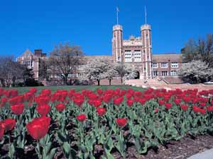 East facade of Brookings Hall viewed from the turnaround on Hoyt Drive.