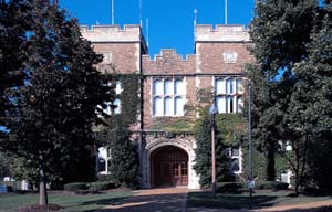 The east facade and doorway of Francis Gymnasium, sit of 1904 Olympics, indoor events