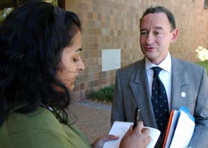 Karita Matilla of the P-D interviews Chancellor Mark Wrighton after the conference
