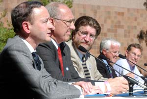 (From left) Chancellor Mark S. Wrighton; Ralph Thaman, associate vice chancellor and director of facilities planning and management; Steven J. Givens, chair of the University's Presidential Debate Steering Committee; John Schael, director of athletics; and George Lueders, project manager for SBC Communications, Inc., address the media at an Oct. 4 briefing in front of the Athletic Complex.