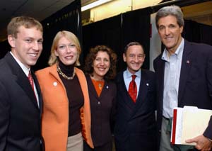 Welcoming Sen. John Kerry to the University are (from left) Student Union President David Ader, Graduate Professional Council President Amy Block and the Wrightons.