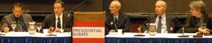 James W. Davis, Ph.D. (center), professor of political science, moderated a faculty panel that offered pre-debate thoughts and post-debate analysis for a full house <a href=