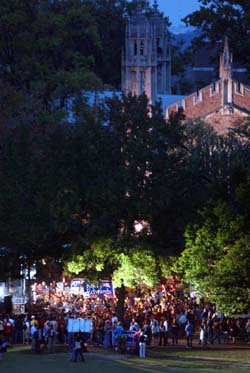 With Graham Chapel standing sentinel, the bright lights of the MSNBC set draw students to the live broadcasts Oct. 7-8.