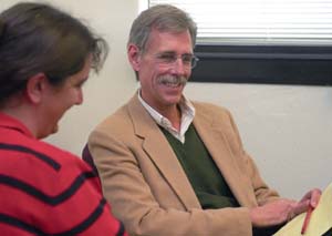 Mark Rollins, Ph.D., chair of philosophy in Arts & Sciences, discusses research with Kathy Bradfield, an advanced doctoral candidate in the Philosophy-Neuroscience-Psychology Program in Arts & Sciences. Rollins is known for his work in the philosophy of cognitive science and the philosophy of mind.