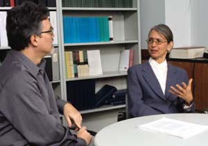 Rebecca A. Treiman, Ph.D., discusses her research with colleague Brett Kessler, Ph.D., research scientist in the Reading and Language Lab. A specialist in an area of science known as developmental psycholinguistics, Treiman's research draws on the tools of cognitive psychology, neuroscience, social science, education and other fields to unravel the complex mysteries of human language acquisition.