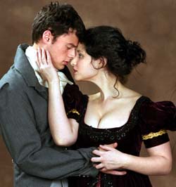 Lee Osorio as Percy Bysshe Shelley and Barrie Golden as Mary Shelley in Bloody Poetry, being staged by the Performing Arts Department in Arts & Sciences Feb. 17-20 in the A.E. Hotchner Studio Theatre in Mallinckrodt Student Center.