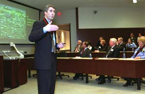 Todd R. Zenger, Ph.D., gives a presentation of his scholarly work during his installation as the first Robert and Barbara Frick Professor in Business Feb. 10 in the Charles F. Knight Executive Education Center. 
