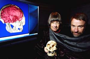 Charles Hildebolt, Ph.D. (right), associate professor of radiology, and Dean Faulk, Ph.D., professor and chair of anthropology at Florida State University, hold a cast of the skull of the 