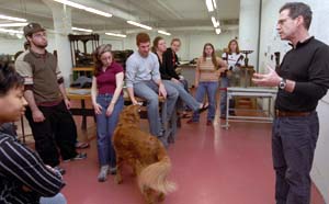 Ken Botnick instructs students in the Nancy Spirtas Kranzberg Studio for the Illustrated Book, with the help of Wilson the dog. Botnick is a renowned publisher and book designer, in addition to being professor of visual communications in the School of Art.