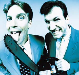 Chainsaw jugglers Owen Morse and Jon Wee, collectively known as