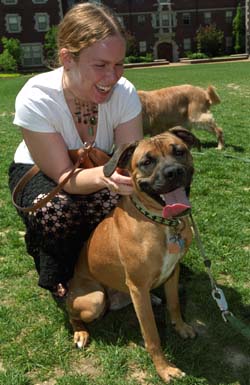 Sophomore Jacyln Allen pets a dog named Bones during the Stress Free Zone at the Village May 2005.