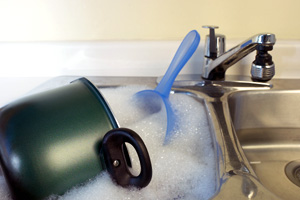 When washing dishes, let the dishes soak before rinsing, instead of using constantly running water.