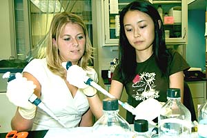 Danielle Scheidenhelm (left), an M.D.-Ph.D. student, and Diane Ma, a student in the STARS program, prepare solutions for their studies of the cytoskeleton. The STARS program pairs junior and senior high-school students with research mentors from WUSTL, the University of Missouri-St. Louis and Saint Louis University for six weeks each summer.