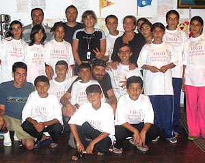 Three members of the WUSTL community spent part of their summer teaching English to 16 teenage members of the Azerbaijani minority in the former Soviet Republic of Georgia. The three are junior Steve Lopatin (front row, far left, kneeling); senior Aaron Weisman (middle, with bandana); and Joachim Faust (back row, far left), lecturer in International and Area Studies in Arts & Sciences.
