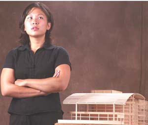 Jea Hyun Rhyu as Margaret in Oren Safdie's architectural satire *Private Jokes, Public Places* Sept. 12 in Givens Hall.