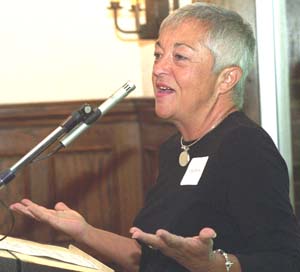Claire Devoto, development director of Nurses for Newborns, a United Way-assisted organization, speaks at the University's United Way fund-raising drive kickoff event Sept. 1 at Whittemore House.