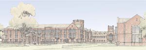 The planned academic building — seen above, looking north from Forsyth Boulevard — will be built near Francis Field (left), Simon Hall (right) and Anheuser-Busch Hall (rear).