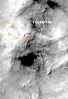 Haskin Ridge in the Columbia Hills area inside Gusev Crater, as imaged by the Mars Global Surveyor MOC Narrow Angle Camera. The Athena science team for the Mars Exploration Rover mission has named a prominent ridge on the East side of the Husband Hill summit on the Red Planet