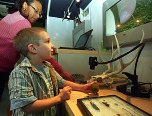 Rosalynn Miller LeNoir, a proram specialist with the MySci Investigation Station, works with kindergarten students from Delmar-Harvard Elementary. The mobile science classroom was designed by students and faculty from the Sam Fox School of Design & Visual Arts.