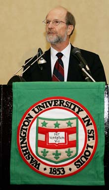 John F. McDonnell, vice chairman of the Washington University in St. Louis Board of Trustees and retired chairman of the board of the McDonnell Douglas Corp., discusses the formation the McDonnell International Scholars Academy at a news conference Oct. 19, 2005, at the Overseas Press Club in New York City. The Academy was launched by Washington University and 15 leading Asian partner universities with a $10 million endowment commitment from McDonnell and the JSM Charitable Trust. 