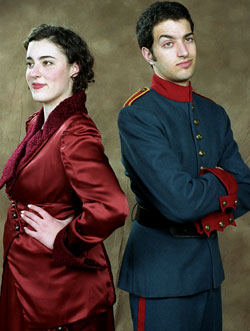 Laura Harrison and Justin Joseph as Beatrice and Benedick in *Much Ado About Nothing*, being staged by the Performing Arts Department in Arts & Sciences Feb. 24-26 and March 3-5 in Edison Theatre. Henry I. Schvey, Ph.D., directs the cast of 21.