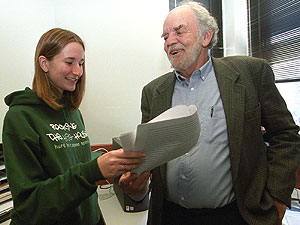 Larry Jacoby, Ph.D., enjoys a laugh in his lab with junior Shari Steinman.