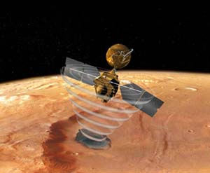 The Mars Reconnaissance Orbiter (above) is poised to go into orbit around Mars in March, then spend about six months aerobraking to place the spacecraft in a low circular orbit by this fall. Roger Phillips, Ph.D., WUSTL professor of earth and planetary sciences and director of the university's McDonnell Center for the Space Sciences, is lending his expertise in radar for both the MRO and for the European Space Agency's Mars Express.