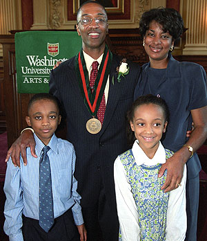 Tate poses with his wife, Kim, and children, Quentin and Cameron, at his installation as the Edward Mallinckrodt Distinguished University Professor in Arts & Sciences Sept. 6.