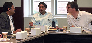 (From left) Pratim Biswas, Ph.D., Gautam N. Yadama, Ph.D., and Stephen H. Legomsky, J.D., D.Phil., are three of the 13 University faculty members named ambassadors to partner universities in the McDonnell International Scholars Academy. The three were attending a training workshop April 15 at the Charles F. Knight Education Center. Also attending were Chancellor Mark S. Wrighton and James V. Wertsch, Ph.D., the Marshall S. Snow Professor in Arts & Sciences and director of the academy.