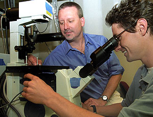 Graduate student John Glennon (right) investigates non-statistical variations in the photoluminescence intensity from single cadmium selenide nanowires using a novel confocal microscope that he and Richard Loomis, Ph.D., associate professor of chemistry in Arts & Sciences, developed.
