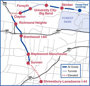 A map shows the new stations and routes of the completed Cross County Extension project. The eight-mile stretch of rails will open to the public Aug. 26.