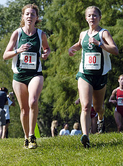 Beth Herndon (left) and Lindsay Harkema both return to lead the women's cross country team this year. In 2005, the women claimed third place at the NCAA Championships for the second straight year, and won their fourth straight UAA title. Herndon won the individual UAA title and finished 11th at the NCAAs; Harkema finished 78th at the NCAA meet.