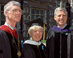 William H. (Bill) Danforth, his late wife, Elizabeth (Ibby), and John C. Danforth at the 1995 Commencement. On that day — May 19 — Bill presided over his last Commencement; Ibby received an honorary doctor of humanities; and John delivered the Commencement address.