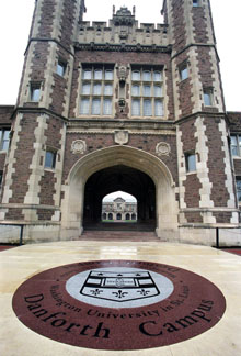 A new medallion welcomes visitors to the campus, soon to be named the Danforth Campus.