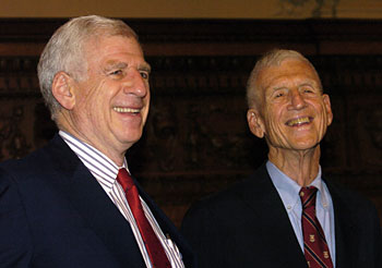 Senator John Danforth (left) and Washington University Chancellor Emeritus William H. Danforth visit prior to the dedication ceremony on Sept. 17 that recognized the roles the Danforth family and the Danforth Foundation.