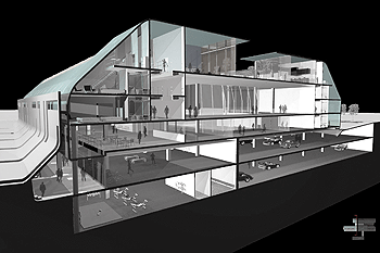 This architectural rendering shows part of the 200-room hotel and convention center design for a contemporary structure in Moscow. Paul J. Donnelly, FAIA, PE, and Sung Ho Kim of the Sam Fox School won a Merit Award for the proposal.