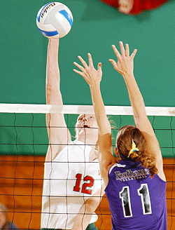 Senior middle hitter Whitney Smith goes up for yet another kill as the No. 2 Bears volleyball team went undefeated in winning the UAA title Nov. 3-4 in Pittsburgh. In the fifth match, against New York University, Smith totaled 10 blocks — the fourth time she has reached that number this year.