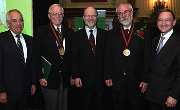 (From left) Edward S. Macias, Ph.D., John Compton, John F. McDonnell, Kenneth F. Kelton, Ph.D., and Mark S. Wrighton at the installation of Kelton as the first Arthur Holly Compton Professor in Arts & Sciences Oct. 17 in Holmes Lounge. John Compton is Arthur Holly Compton's son.