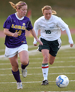 Sara Schroeder (right) battles for control of the ball with a Loras College defender. The Bears beat Loras, 3-0, to advance to the NCAA Sectional Semifinals at 5 p.m. Nov. 18 in Norfolk, Va.