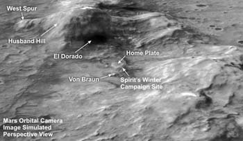 This perspective view looking toward the northeast shows part of the Columbia Hills range inside Gusev Crater. At the center is the winter campaign site of NASA's Mars Exploration Rover Spirit.