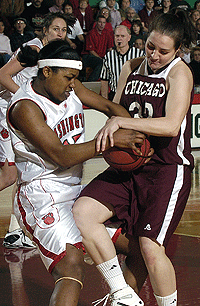 WUSTL's Jaimie McFarlin battles for the ball against the University of Chicago's Alex Leach Feb. 24 at the Athletic Complex. The Bears' 80-75 overtime win earned the team an automatic bid to the 2007 NCAA Tournament.