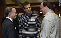 (From left) Chancellor Mark S. Wrighton chats with Patrick Eisenlohr, Ph.D., assistant professor of anthropology in Arts & Sciences, and Michael E. Wysession, Ph.D., associate professor of earth and planetary sciences in Arts & Sciences, during the Feb. 28 Faculty Associates program 10th anniversary celebration in the Liggett/Koenig Residential College main commons.